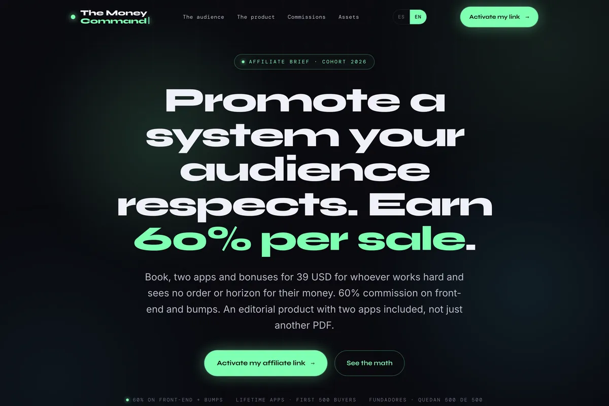 Mockup del sistema de afiliados de The Money Command: 60% por venta