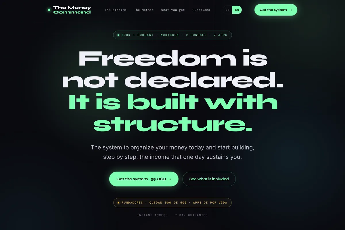 Mockup del producto The Money Command: libro, cartilla, bonos y apps