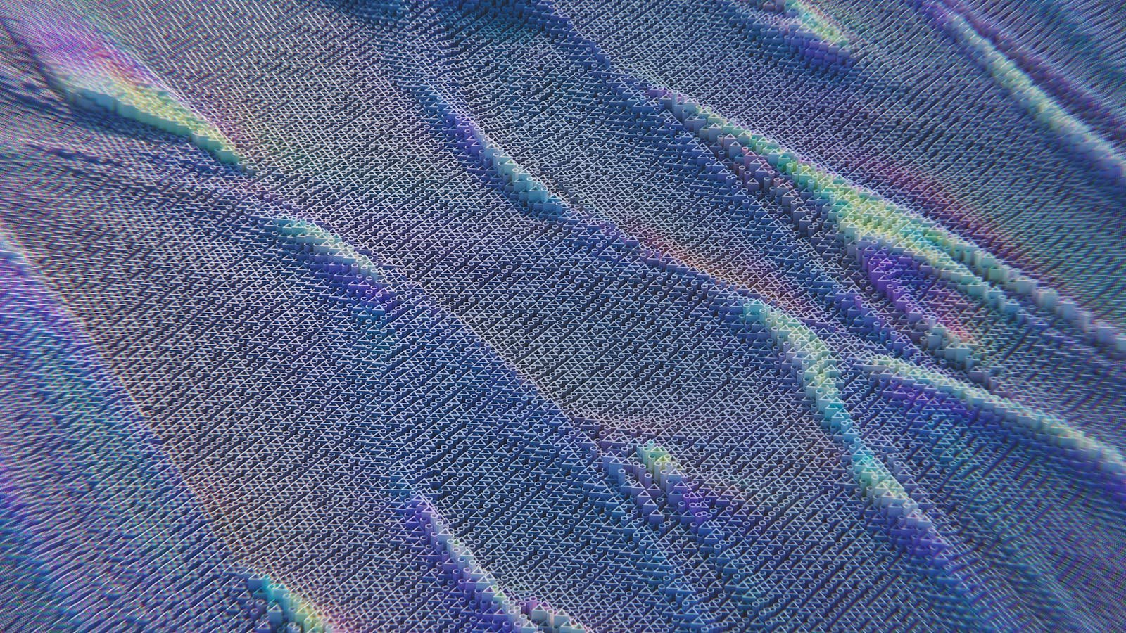 Colorful abstract pattern resembling digital waves with intricate texture in blue and purple hues.